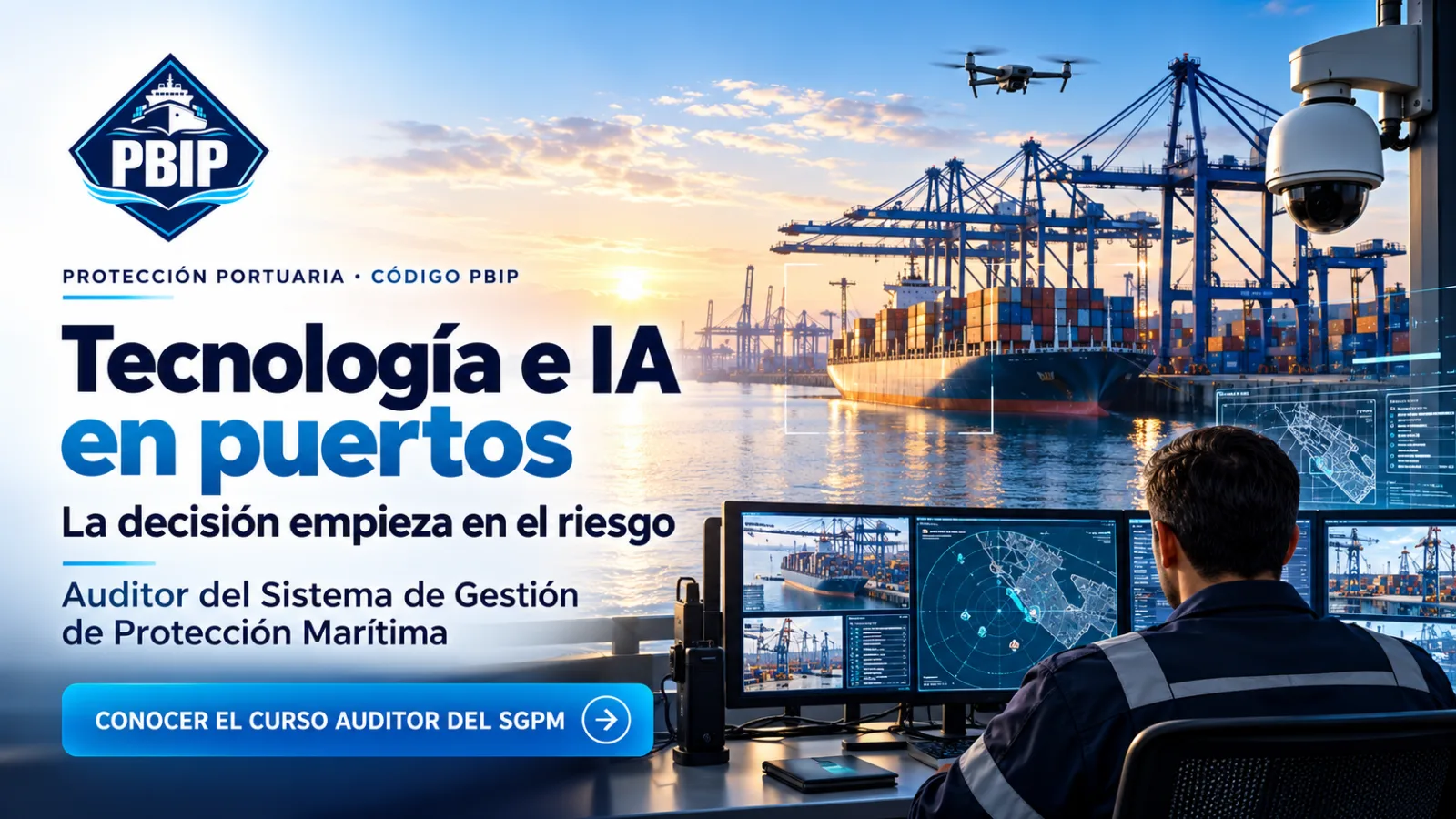 Ilustración de un terminal portuario vigilado con cámaras, radar y drones con inteligencia artificial